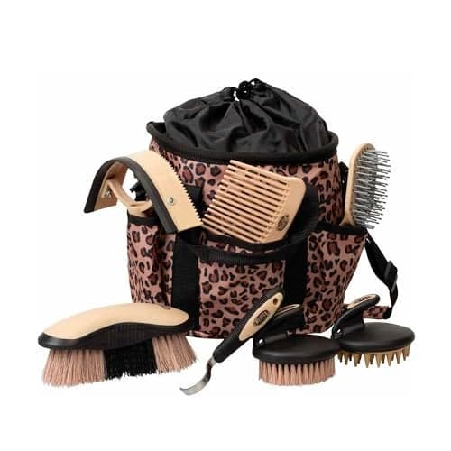 Weaver Equine Horse Grooming Kit 7Piece Horse Brush Set with Organizer Tote Bag Hoof Pick Comb Sweat Scraper Equine Tools for Daily Grooming Leopard