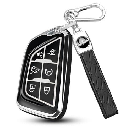 QBUC for Cadillac Key Fob Cover with Keychain Soft TPU Protection Case Compatible with 20202026 Cadillac Escalade Lyriq Optiq 6ButtonsChrome Trim Black