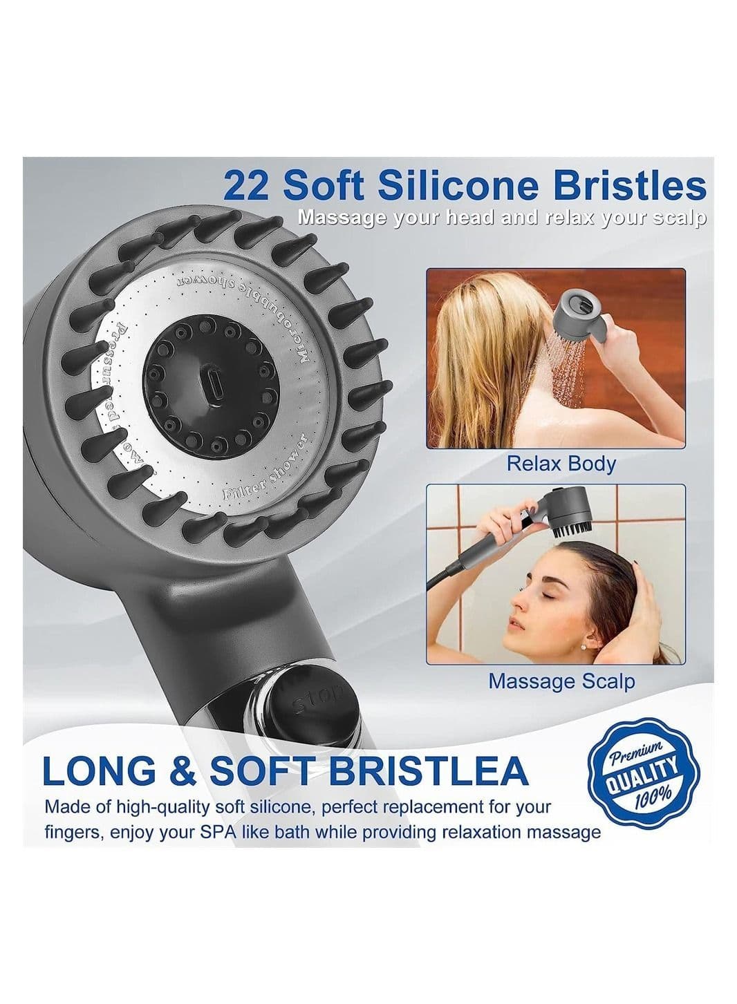High Pressure Shower Heads with Scalp Massager Shampoo Brush for Skin Hair Care, Filtered Head Handheld Sprayer Soften Hard Water, 3 Settings 4 in 1 Detachable Showerhead Set