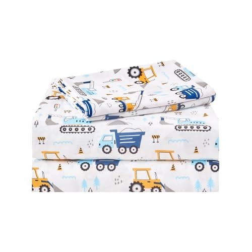 lasoftan Kids Sheet Set Twin Size 3 Pcs, Boys Sheet Set with Blue Excavator Car Pattern,Kids Boys Twin Fitted Sheet,Breathable & Silky Soft Microfiber Fitted Sheet