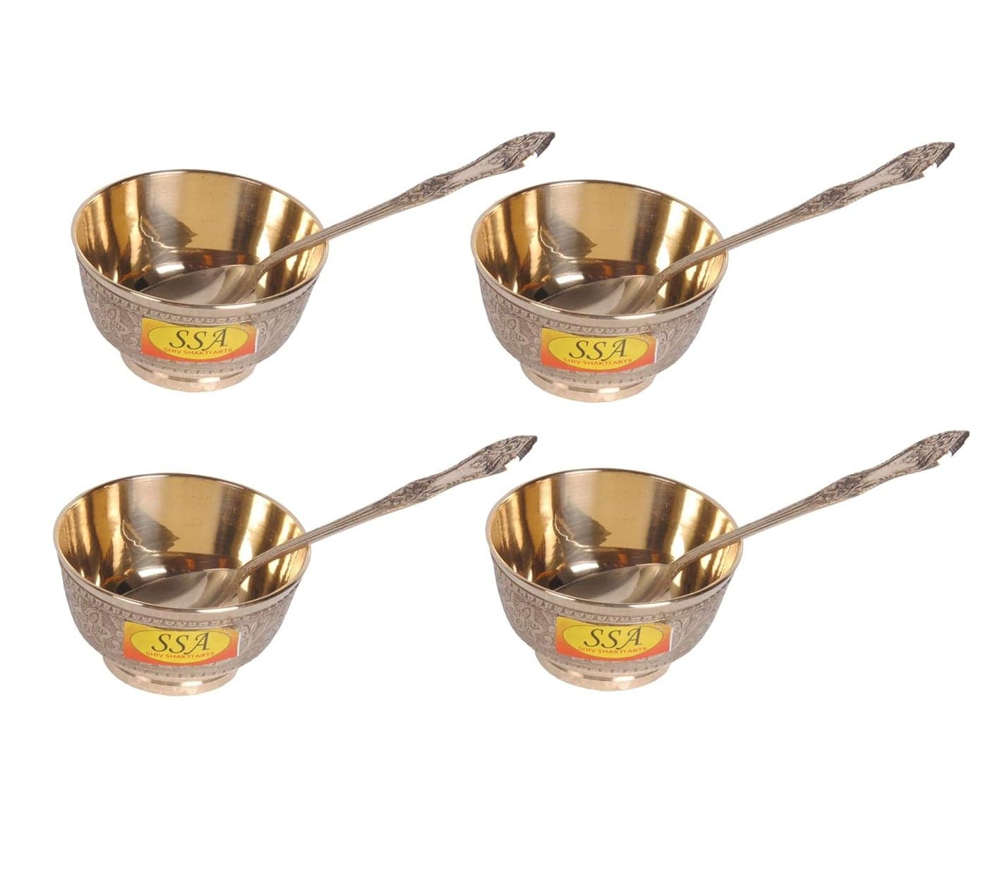 SHIV SHAKTI ARTS Handmade Pure Brass Embossed Flower Design Sign Katori Bowl with Spoon Serving Indian Home Food Homeware Each::Set of 4