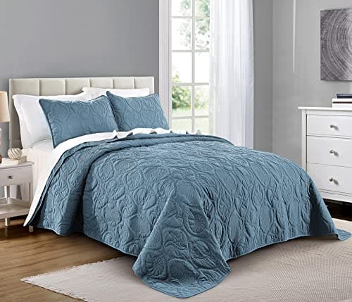 Pure Bedding Quilt Set King/Cal King/California King Size Ash Blue - Oversized Bedspread - Microfiber Coverlet - Includes 1 Quilt and 2 Shams, Ocean Star Pattern