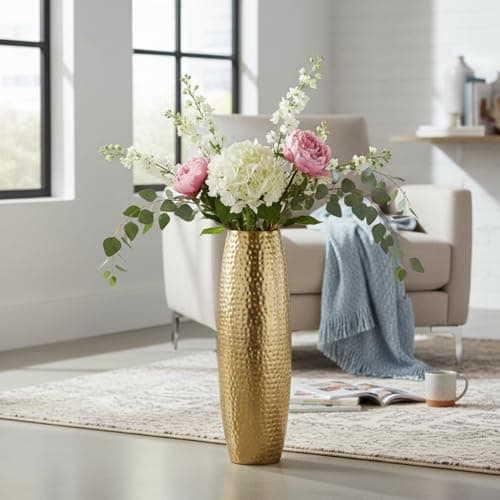 RIZIK STORE® Hammered Gold Metal Floor Flower Pot/Vase – 24.2 Inch Tall Round Decorative Vase for Living Room, Modern Minimalist for Dried Flowers, Antique Home Décor Accent (Gold)