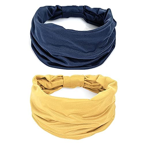 GILI 2 Pack Wide Headbands for Women Boho African Knotted Non Slip Fashion Hair Bands Yoga Running Sports Workout Gym Head Wraps Elastic Soft Cotton Cloth Turbans Bandana for GirlsYellowNavy