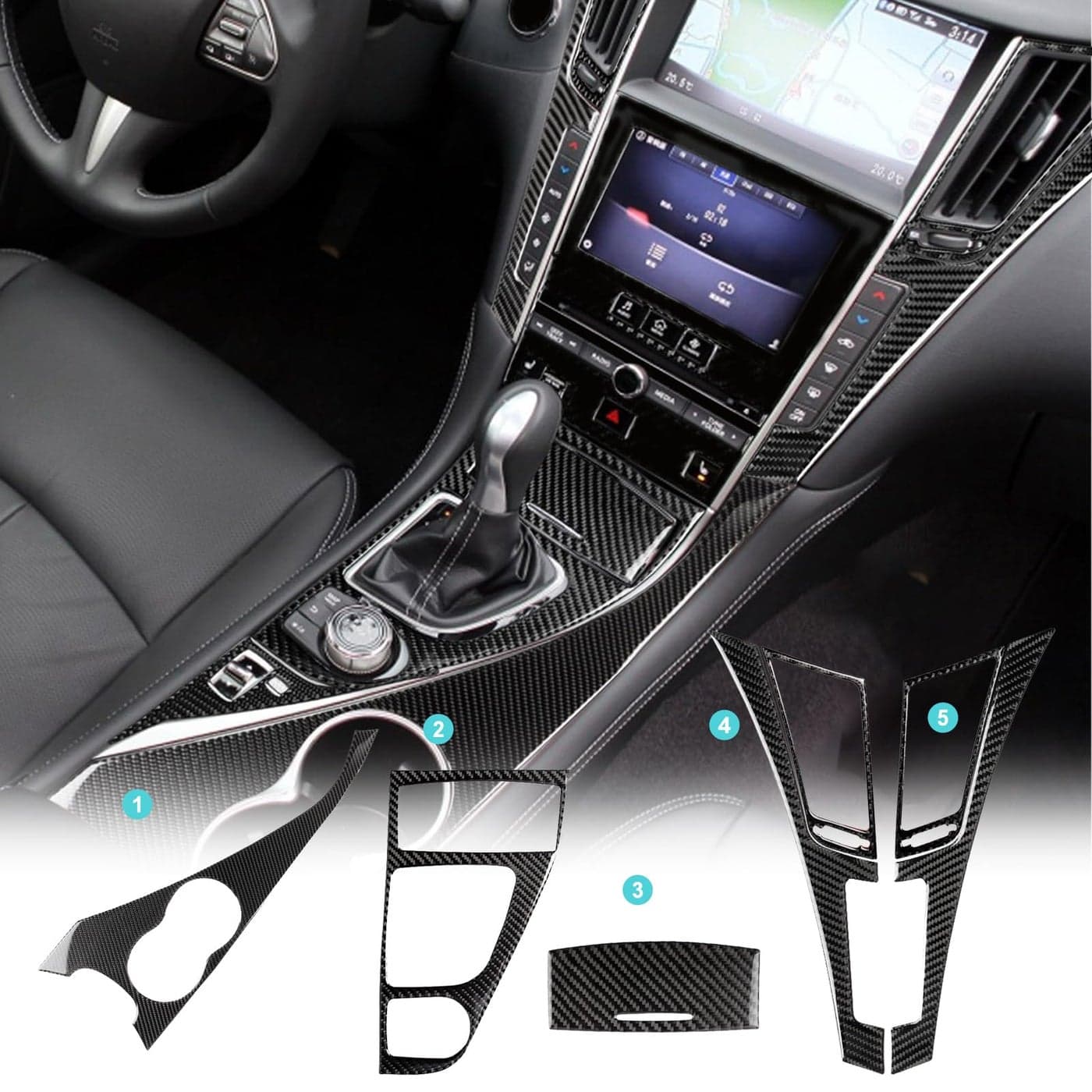 Fancemot Real Carbon Fiber Center Console Dashboard Air Vent Gear Cup Holder Panel Cover Trim Compatible with Infiniti Q50 20142024 Q60 20172022