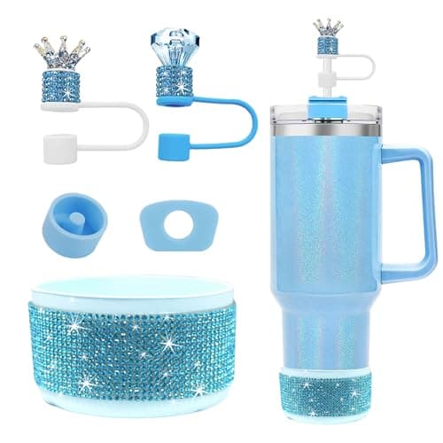 JIASHEBDE Crown & Diamond Rhinestone Accessories Set for Stanley Cup – Bling Straw Covers, Spill Proof Stoppers, Glitter Silicone Boot for Stanley Quencher H2.0 40oz/30oz Tumbler (Blue)