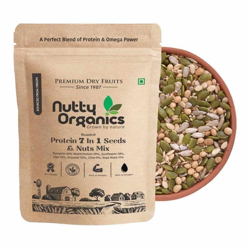 Nutty Organics 7-in-1 Seeds & Nuts Mix 1KG | Omega-Rich Superfood | Roasted Pumpkin, Sunflower, Watermelon, Flax, Sesame, Chia & Soya | Healthy Snack | Vegan & Gluten-Free