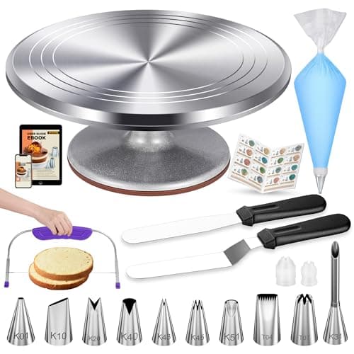 Kootek 51 Pcs Cake Decorating Kit 12 Aluminum Alloy Cake Turntable 10 Numbered Icing Tips Offset and Straight Spatulas Cake Leveler Pastry Bags Baking Supplies
