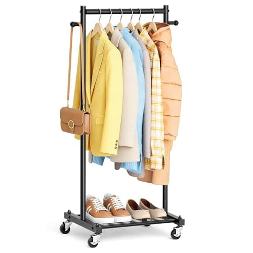 MISSLO Small Clothing Racks for Hanging Clothes 45" Short Clothes Rack with Shelves Metal Rolling Garment Rack with Wheels for Small Space, Closet, Wardrobe, Adults & Kids, Black