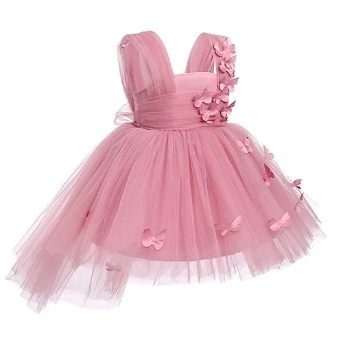 Flower Girls Butterfly High Low Tutu Dress for Kids Baby First Communion Wedding Party Dresses Toddler Little Princess Pageant Bridesmaid Birthday Baptism Tulle Gowns Dusty Pink Butterfly 12-18 Months