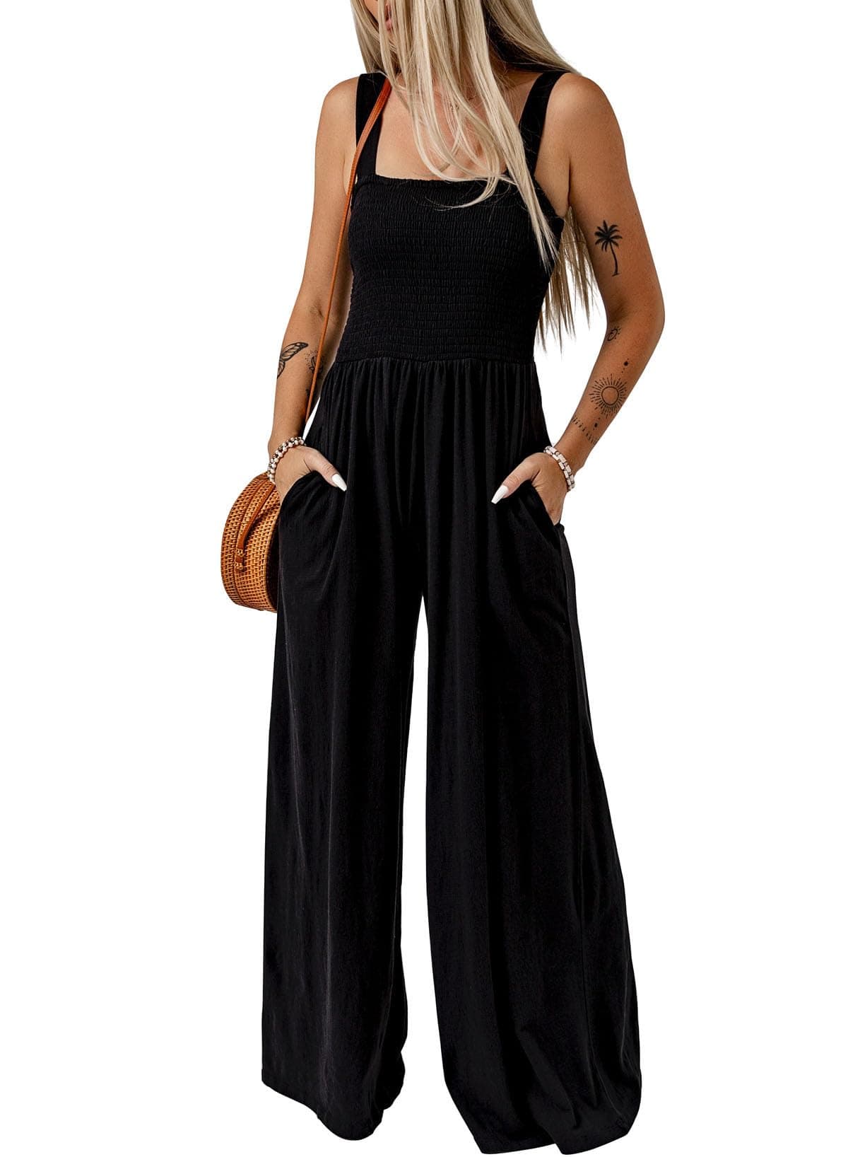 Dokotoo Loose Jumpsuits for Women Overalls Oversized Solid Color Wide Leg One Piece Sleeveless jumpsuit Long Pant Romper with Pockets 2025 Fashion Black Large