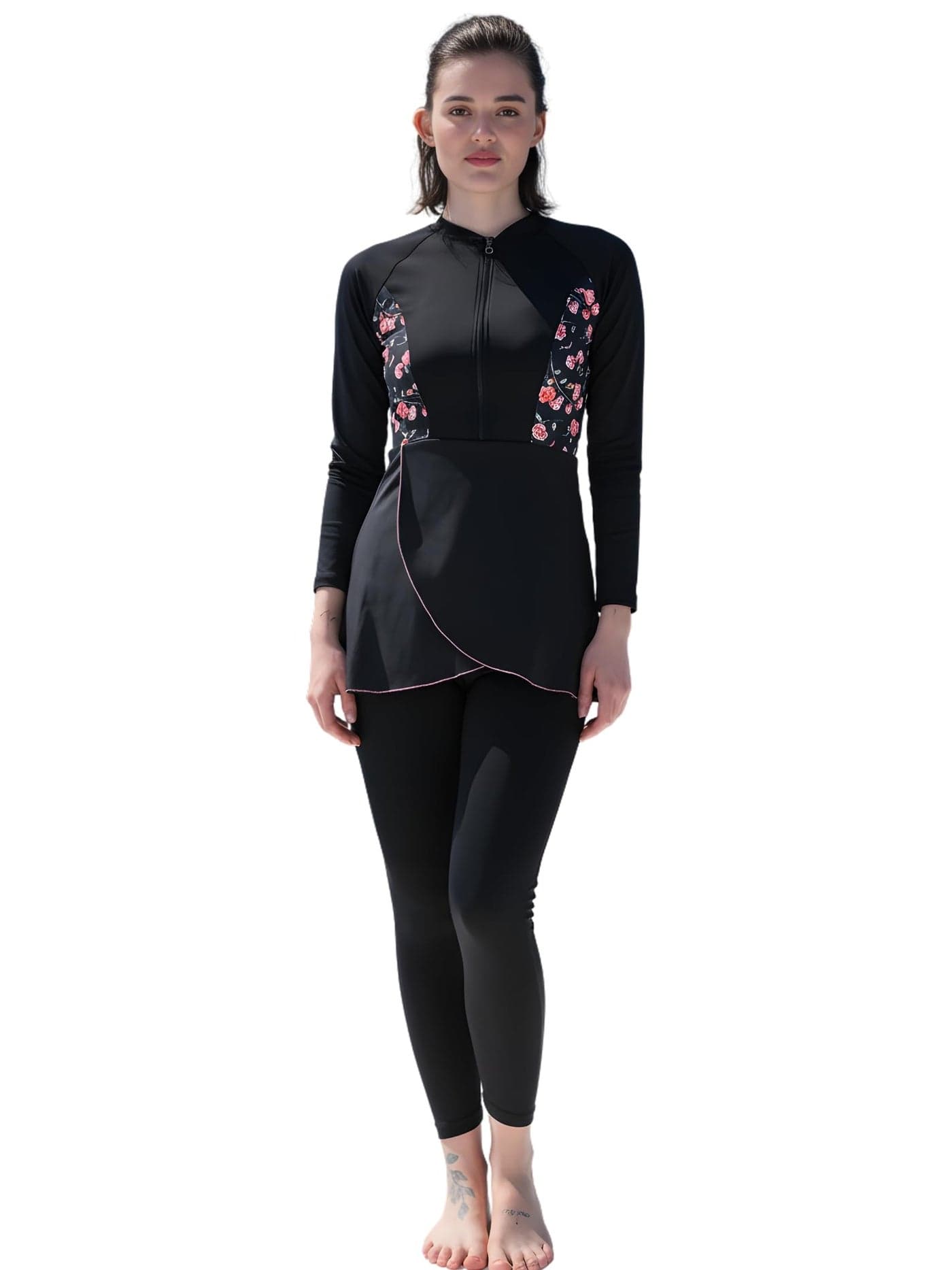 MEGASKA 2 Piece Modest Swimwear Front Zipper Full Sleeve Padded Swimsuit for Woman Ankle Length Legging Quick Dry Chlorine Resistant Lycra Swimming Suit for Women_BlackFloralBlack_XL Black