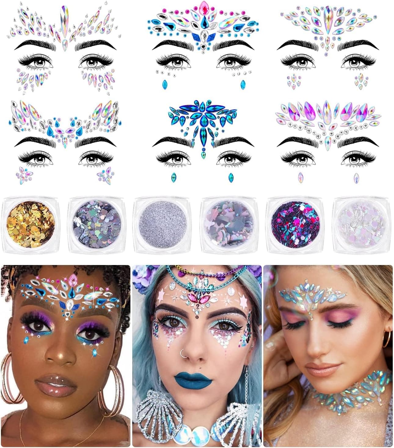 iMethod Face Jewels and Body Glitter - Face Gems, Mermaid Face Jewels Stick On, Holographic Cosmetic Face Glitter, for Festival Holiday Costumes & Halloween Alien Makeup, 12 Pcs