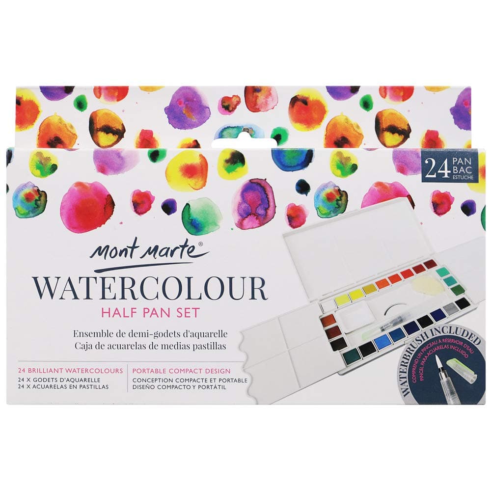 Mont Marte Watercolor Half Pan Set, 27 Piece. Includes 24 Watercolor Paints, Integrated Mixing Wells, 1 Water Brush, 1 Ceramic Dish and 1 Natural Sponge.
