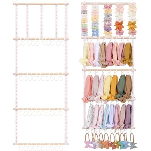POVETIRE Headband Holder Hair Bows Organizer for Girls Baby Headbands Hair Accessories Organizer Storage Wall Hanging Decor for Toddler Girls Room Pink ribbon 4 Tier