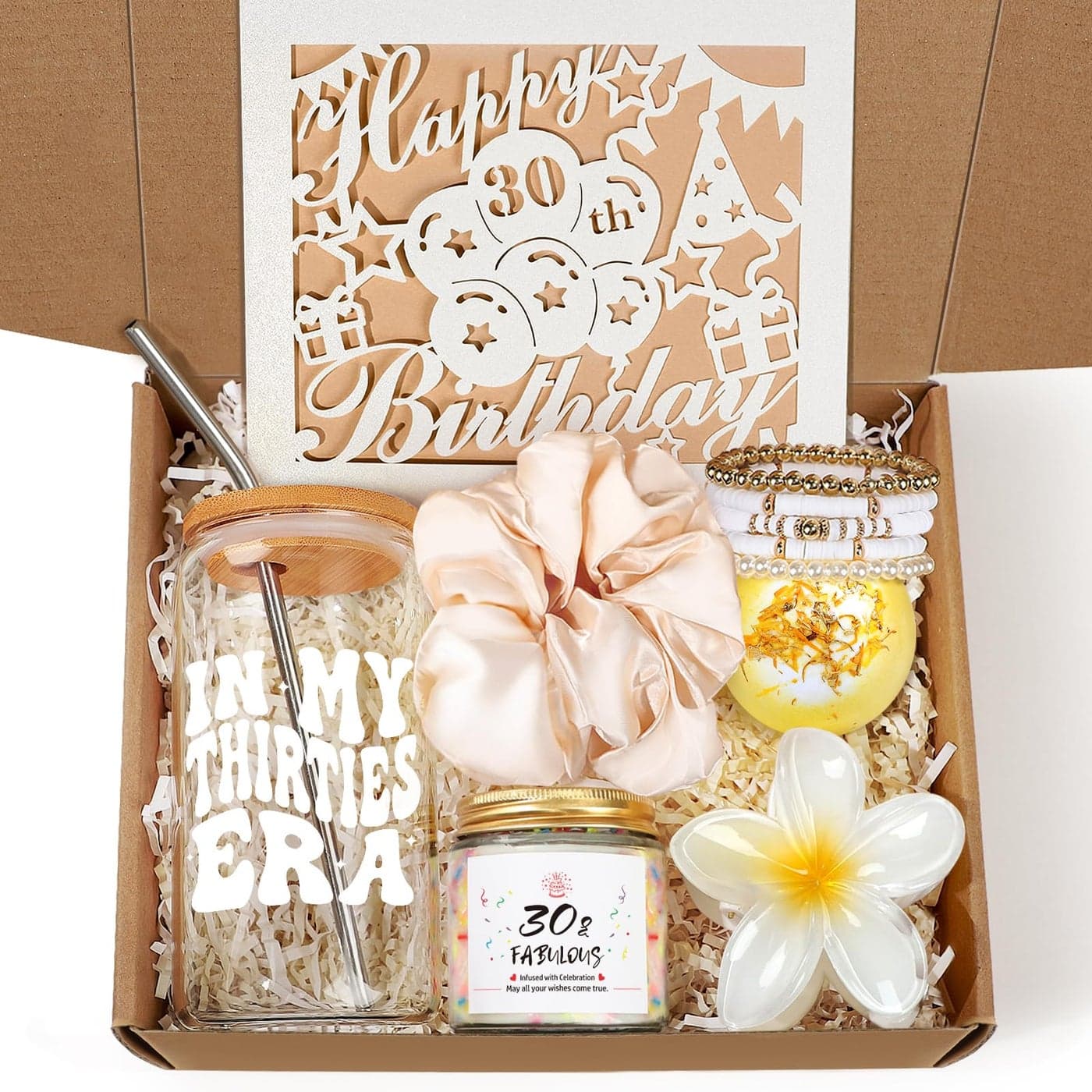 30th Birthday Gifts for Women Unique 30 Year Old Birthday Gifts for Women 30th Bday Decorations for Her Gift for 30th Bday Woman w 16oz Coffee Cup Candle Bracelet Hair Clip Card 7PCS