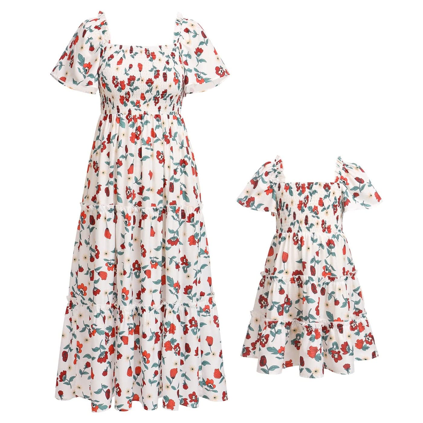 Mommy and Me Dresses Outfits Summer Casual Boho Floral Print Short Sleeve High Waist Sun ALine Flowy Beach Hawaiian Vacation Maxi Dress for Mother and Daughter White Floral 45 Years
