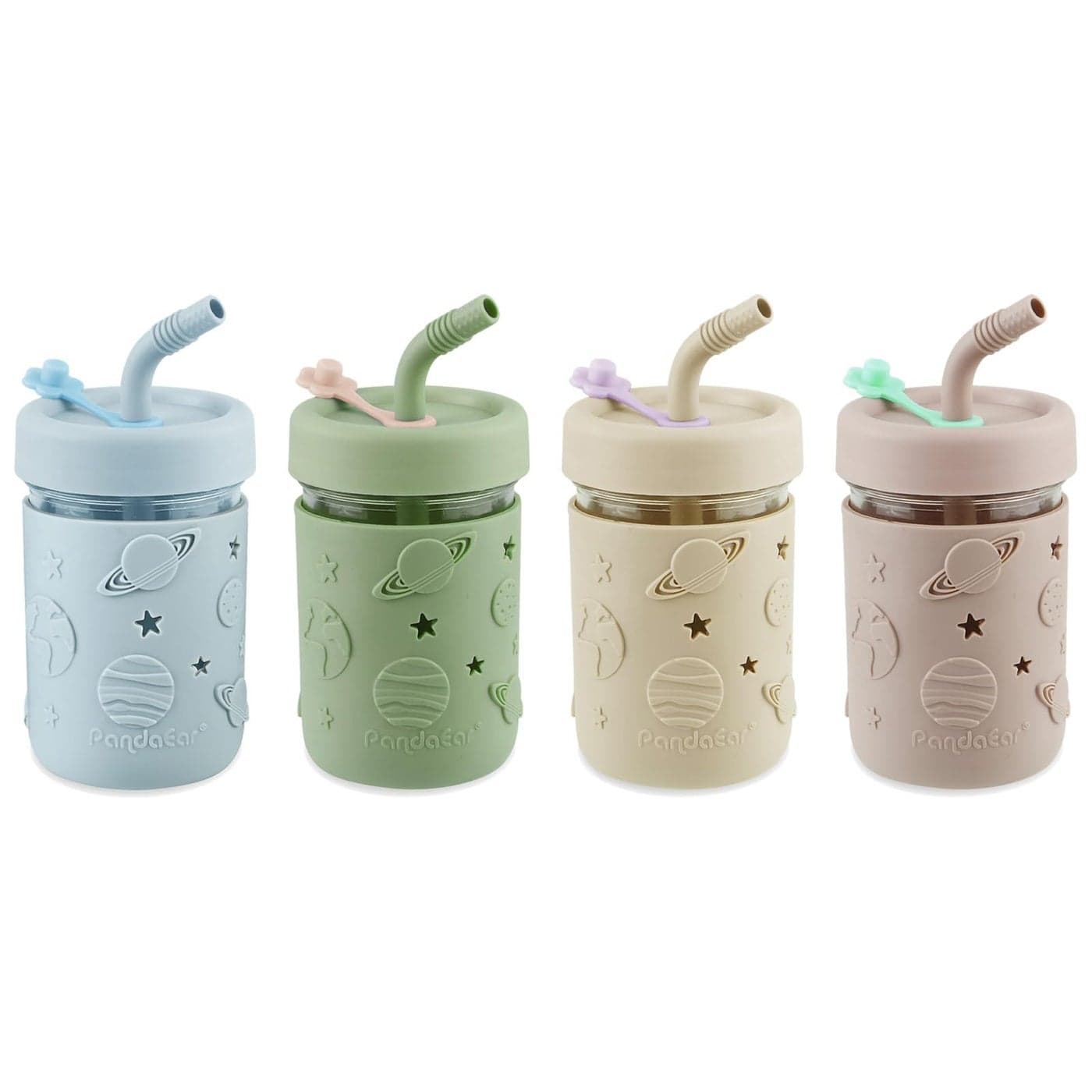 PandaEar 4 Pack Kids Toddler Glass Cups Glass Mason Jar Cups 845 oz with Silicone Sleeves Straws Toddler SpillProof Smoothie Cups