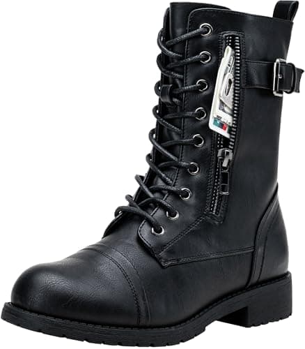 Vepose Women's Black Combat Boots Low Heel, Mid Calf Military Boots, 928 Size 8.5 US - with Card Knife Wallet Pocket (CJY928 Black 08.5)