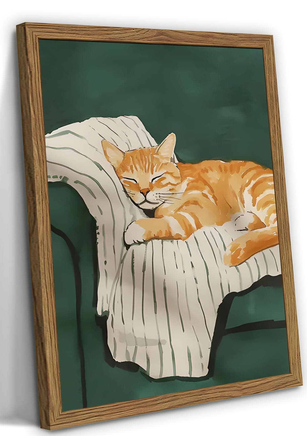 Funny Cat Wall Art Cute Cat Sleeping on Couch Wall Decor Painting Orange Pet Kitty Portrait Pictures Prints Contemporary Animal Canvas Artwork for Bedroom Living Room 12x16 inch Wood Framed