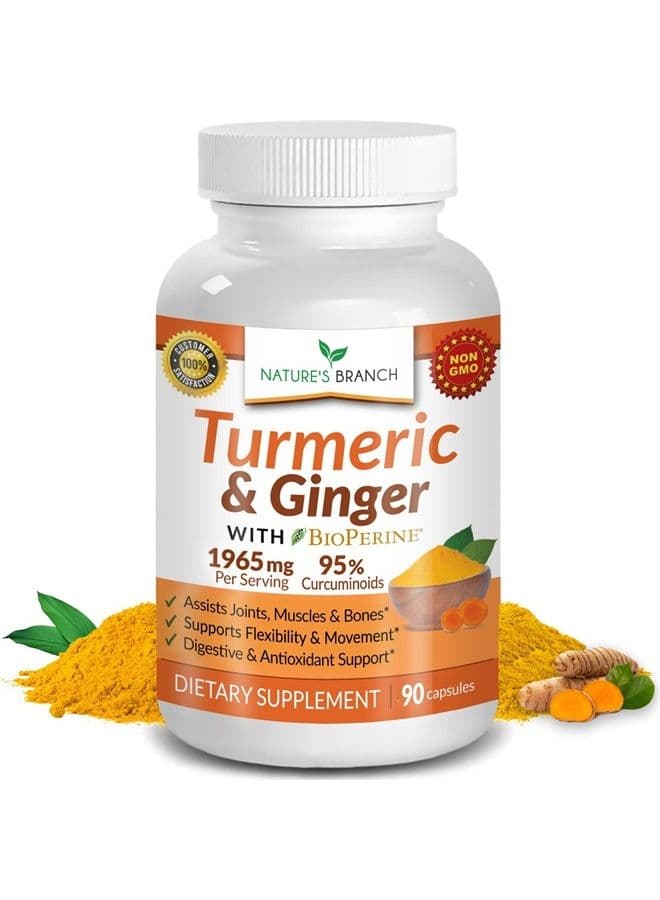 Extra Strength Turmeric Curcumin and Ginger & BioPerine - 1965mg Joint Support Supplement for Aches with Black Pepper Powder Extract - Premium Made in USA | Vegan Natural Non GMO Pills | 90 Capsules