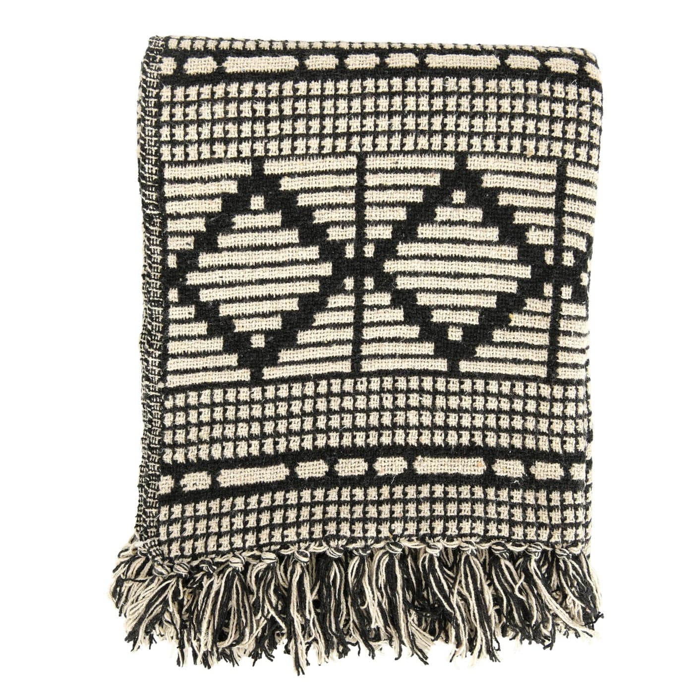 Bloomingville Soft Recycled Cotton Blend Throw with Diamond Pattern Black and Beige