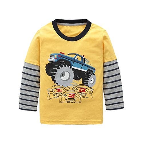 Boys Long Sleeve Cotton T-Shirts Monster Truck Shirt Graphic Tees Blue fire truck/Yellow 5T