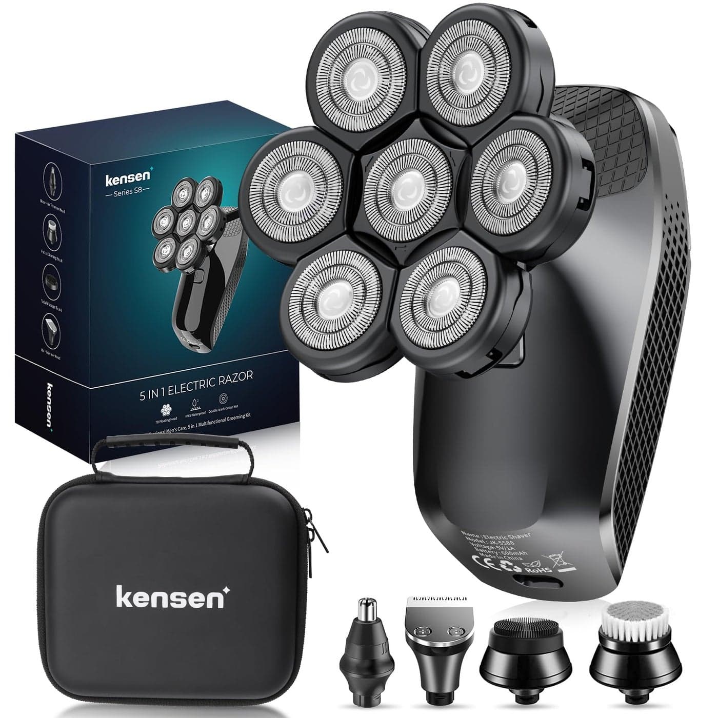 7D Head Shavers for Bald Men 5 in 1 kensen Electric Head Hair Shaver Head Electric Razor with Nose Hair Beard Trimmer Cordless Rechargeable IPX6 Waterproof Wet Dry LED Display Gifts Travel Case
