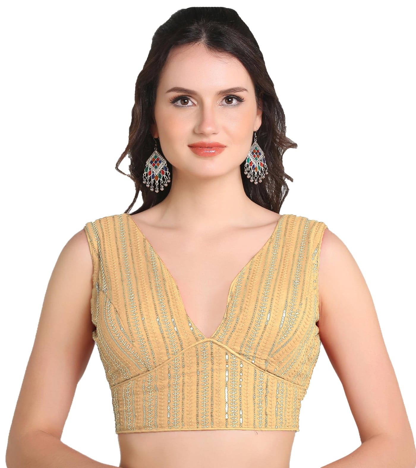 Pujia Mills Women's Indian Ethnic Wear Sabyasachi Sequence with Dhaga Embroidered Zari Work Sweetheart Neck Blouse Sleeveless Readymade Padded Saree Back Open String Pattern Blouse