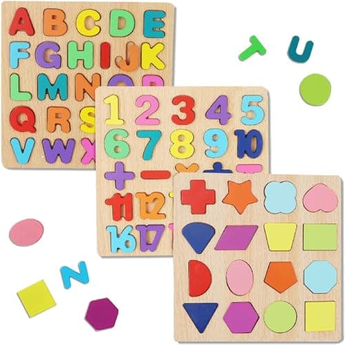 SHINETOY ENTERTAIN KIDS SHINETOY Wooden Puzzles for Toddlers, Wooden ABC Alphabet Number Shape Puzzles Toddler Learning Puzzle Toys for Kids 1-3 Years Old, 3 in 1 Early Education Gift for Kids