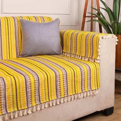 STITCHNEST Woven 2 Seater Sofa Protector with 2 Hand Rest Covers – Yellow & White Stripe Design – Washable Fabric with Tassels – Stylish Sofa Cover for Modern Living Room & Furniture Décor