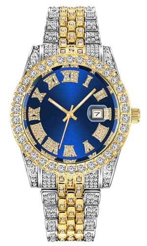 SENRUD Men's Diamond Watch Fashion Crystal Rhinestone Quartz Analog Watch Iced-Out Bracelet Wrist Watch (Two Tone/Blue)