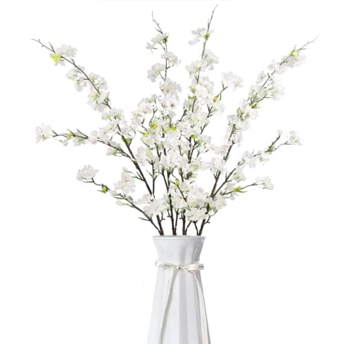 Kainonnan 4Pcs Artificial Cherry Blossom Flowers 43 Inch Long Stem Cherry Blossom Decor Fake Flower for Home Wedding Outdoor Decoration (White)