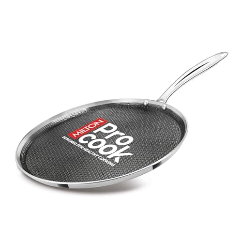 Milton Pro Cook Induction Cookware & Gas Stove Friendly Triply Stainless Steel Hexa Tech Omni Tawa 28cm | 3.5mm Thick | Greblon C3+ Coating Non Stick Dosa Tawa | PFOA-Free | Sturdy Handle |3Y Warranty