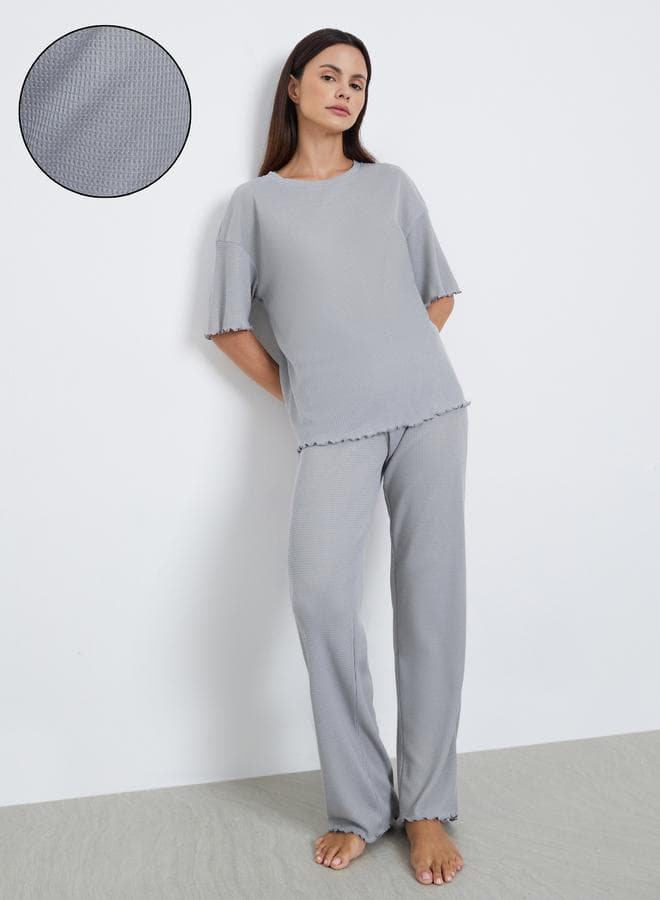 Styli Waffle Knit Lettuce Hem Drop Shoulder T-Shirt and Pyjama Set