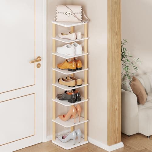 LUCKNOCK Vertical Shoe Rack, 8-Tier Tall Narrow Shoe Organizer for Entryway, Closet, Dorm & Small Spaces, Freestanding White Wooden Shoe Shelf Tower for Boots, Sneakers, Heels.