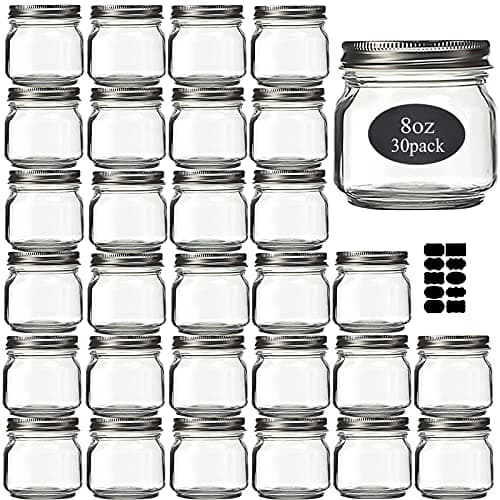 Mason Jars 8 oz 30 Pack- Small Mason Jars With Silver Lids -1/4 Quart Canning Jars| Storage Glass Jars With Lids For Jelly, Jam, Honey, Pickles - Spice Glass Jars - With 30 Chalkboard Labels