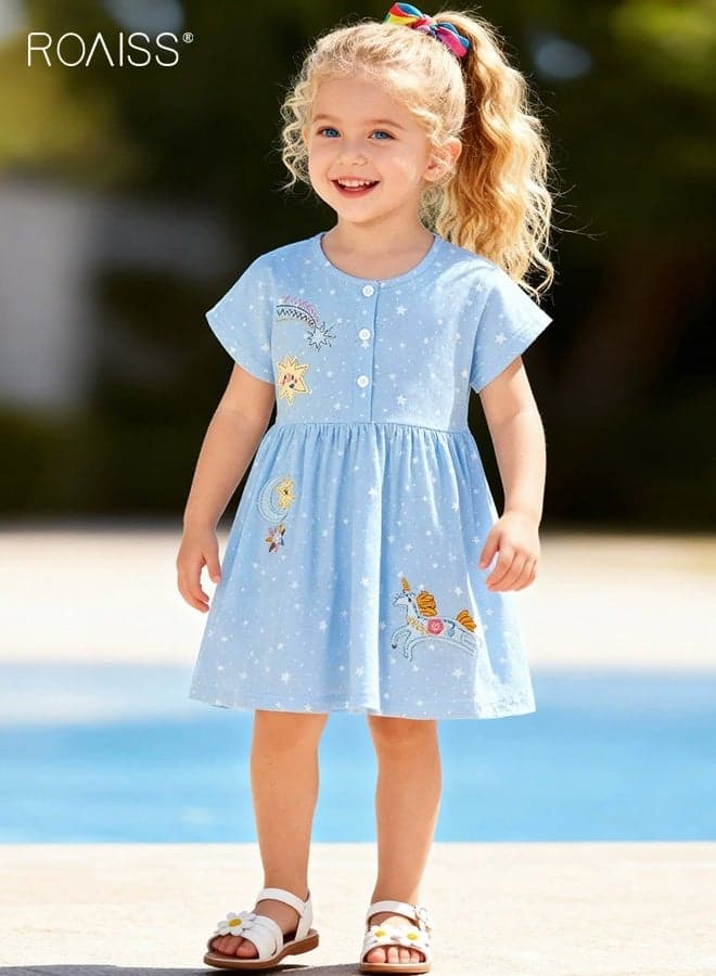 Girls Stylish Summer Dress, Adorable A-Line Frock with Exquisite Embroidery, Short Sleeve Round Neck Dress, Comfortable Breathable Midi Dress for Girls, Suit for Daily Wear or Any Occasion