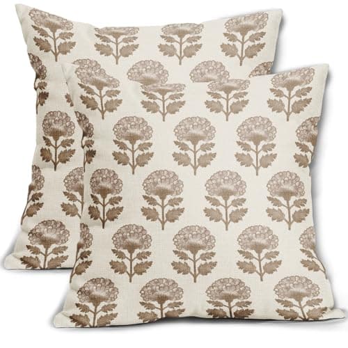 Aytipun Brown Floral Block Print Pillow Covers 18x18 Set of 2 Flower Pattern Cream Decorative Throw Pillowcases Outdoor Rustic Farmhouse Cushion Cases Decor for Home Couch Sofa Bed