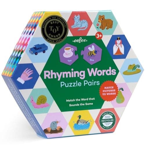 eeBoo Hexagon Puzzle Pairs Rhyming Words 33 Hexagon Shaped Pieces Match Sounds Images Educational PreReading Activity Preschool Kids Age 3