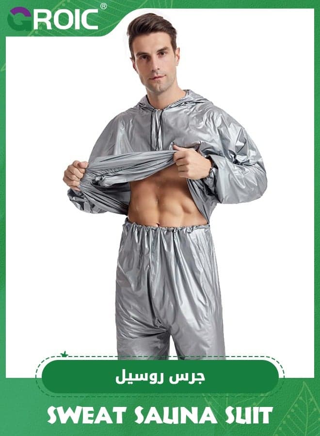 Sauna Sweat Suit for Women/Men with Hoodie Zipper Weight Loss Fitness Exercise Gym Workout Suit Top Pants Sauna Suit - Silver XL