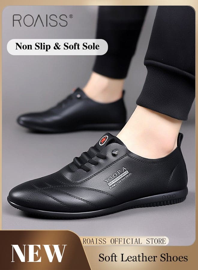 Soft Sole Casual Leather Shoes for Men Letter Pattern Round Toe Low Top Front Lace up Business Shoes Mens Breathable Comfort Wear Resistant Anti Slip Business Outdoor Walking Shoes Driving Shoes Black