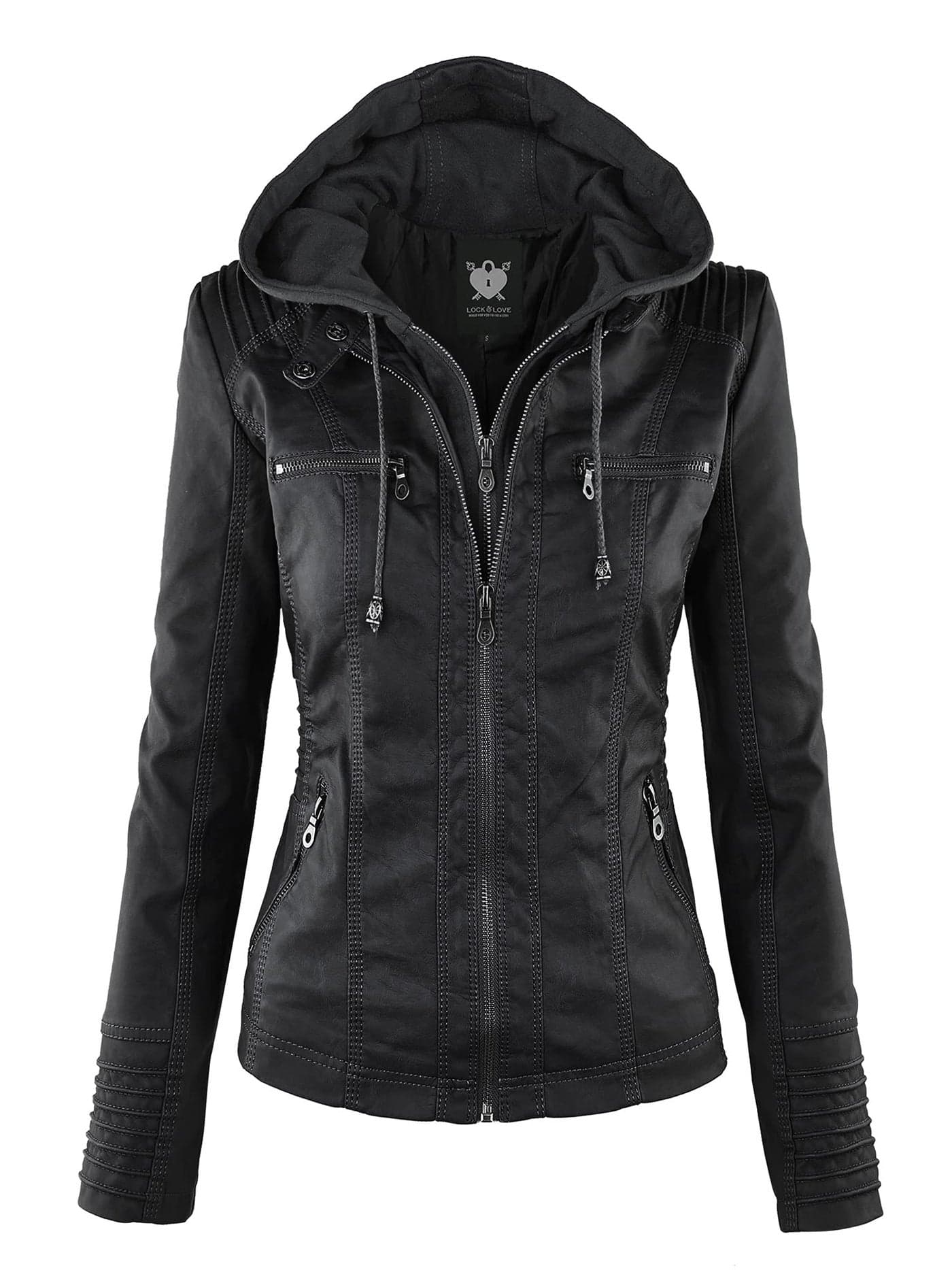 Lock and Love LL WJC663 Womens Removable Hoodie Motorcyle Jacket S BLACK