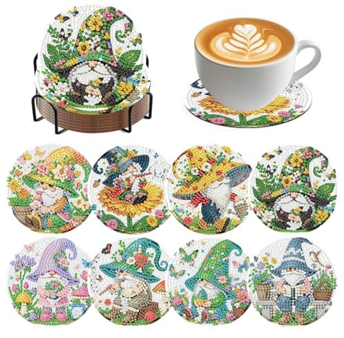 croshom Gnome Diamond Art Coasters Kits 8 Pieces Diamond Painting Coasters with Holder Flowers Spring Diamonds Art Painting Kits for Adults 5D DIY Wooden Coaster for Gift