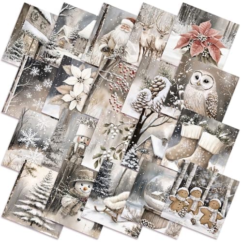 HunnmingRe 20 Pcs 10x10 Beige Winter Quilting Fabric Square Neutral Christmas Precut Quilted Fabric Reindeer Snowman Nutcracker Gingerbread Man Printed Patchwork for Xmas DIY Sewing Crafts