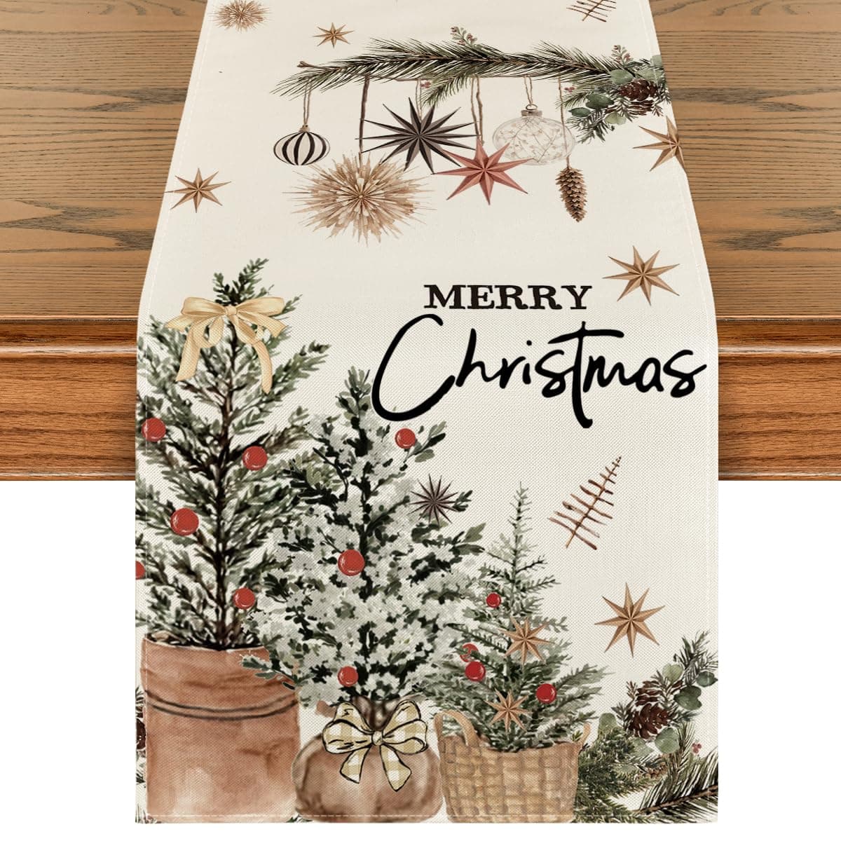 Artoid Mode Xmas Trees Holly Pine Cone Merry Christmas Table Runner Seasonal Winter Kitchen Dining Table Decoration for Home Party Decor 13x108 Inch