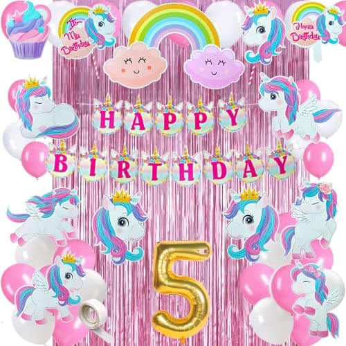 FI - FLICK IN 50 pcs 5th Birthday Decoration for Girls Kit Unicorn Theme Bday Decorations Items Pink Curtain Unicorn Cutouts 5th Birthday Decoration for Baby Girl (Pack of 50,Pink & White)