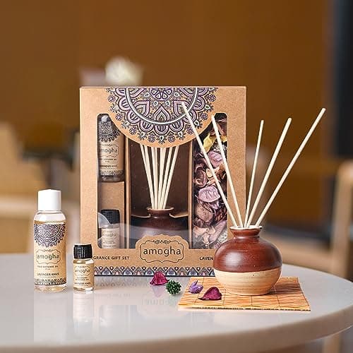 Amogha Ceramic Lavender Khus Fragrance Giftset With Decorative Pot, Reed Diffuser Oil (50Ml), 8N Reed Sticks, Potpourri(50G), 1N Potpourri Refresher Oil (8Ml) Free