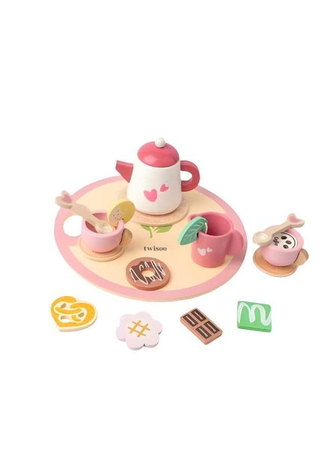 Twisoo Cabecchi 12-Piece Wooden Tea Set Toy for Kids – Cute Pretend Play Afternoon Tea Set with Teapot, Teacups, Spoons & Accessories, Educational Role Play Toy for Toddlers