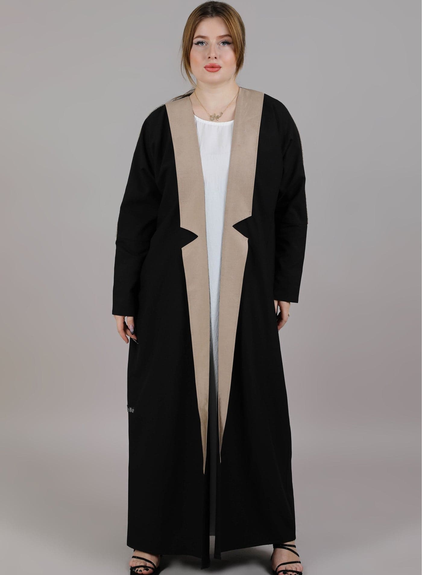 MSquare Fashion Black And Beige Crepe Open Abaya With Embroidery On Shoulder